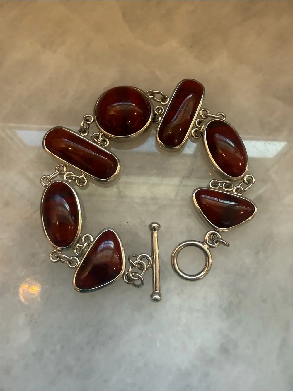 Artisan Red Jasper Cabochon Gemstone Link Bracelet In Sterling Silver